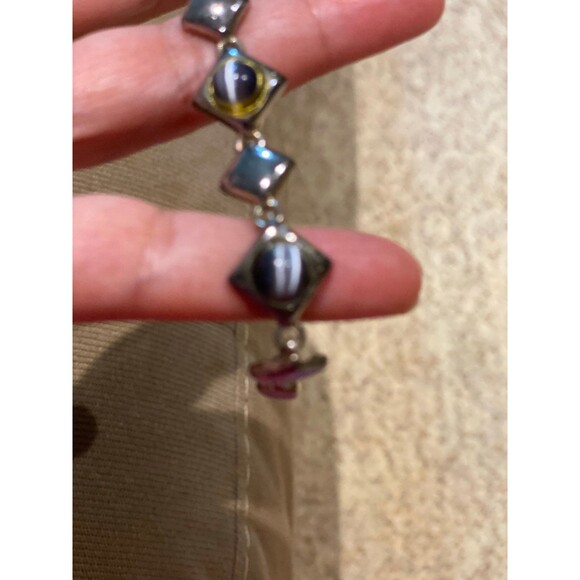 Vintage Faux Blue Cats Eye Silver Tone 7½" Magnetic Clasp Link Bracelet Classic - Picture 7 of 10